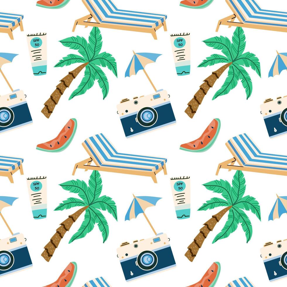 Summer vacation seamless pattern with beach elements and accessories. Can used for print for textile, wallpaper, backdrops. vector