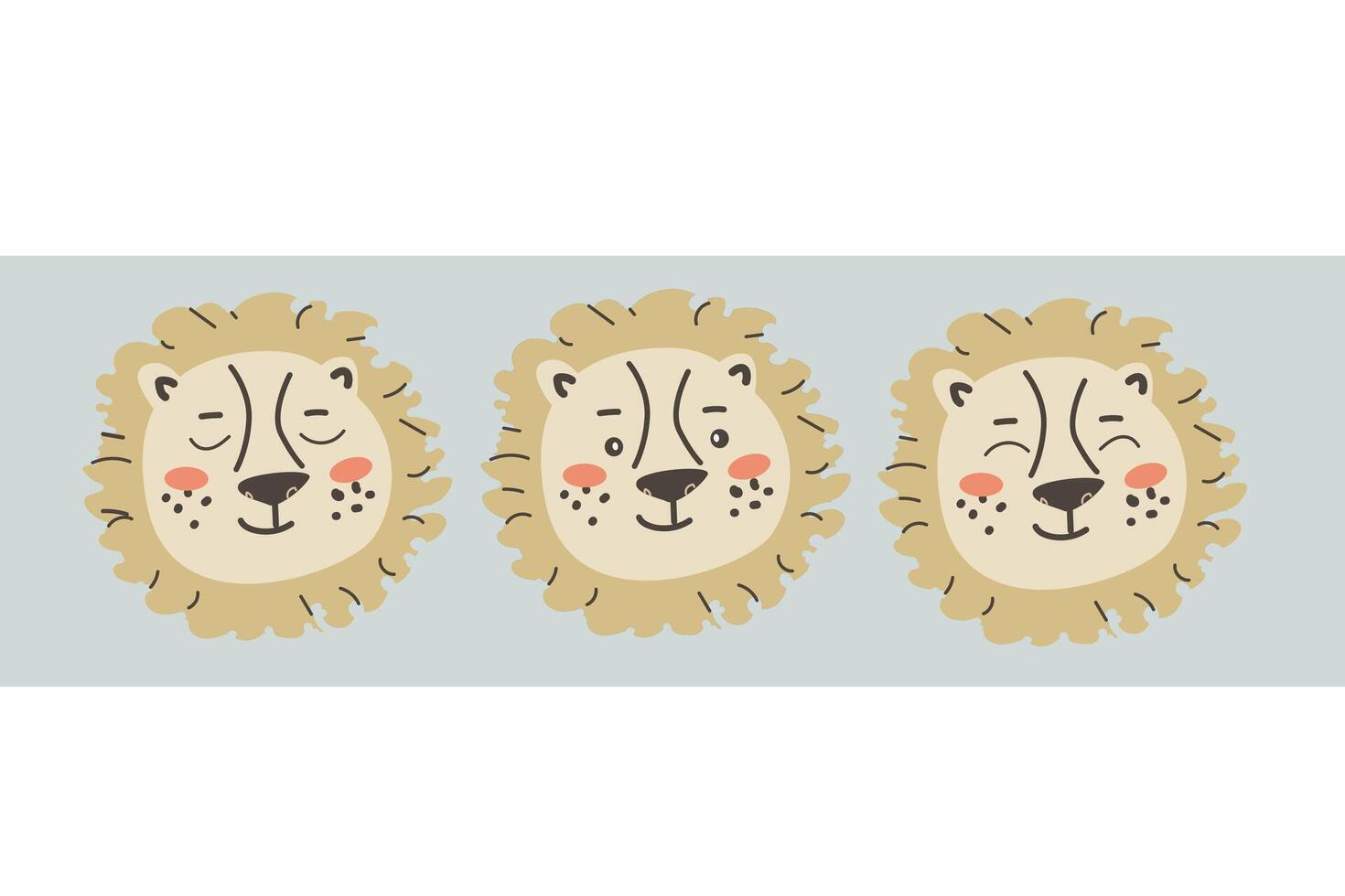 Set of cute lions faces or heads with different emotions for kids. Tropical jungle cartoon character in trendy scandinavian style, portraits of predator in childish style. Can used for posters. textile and prints. vector