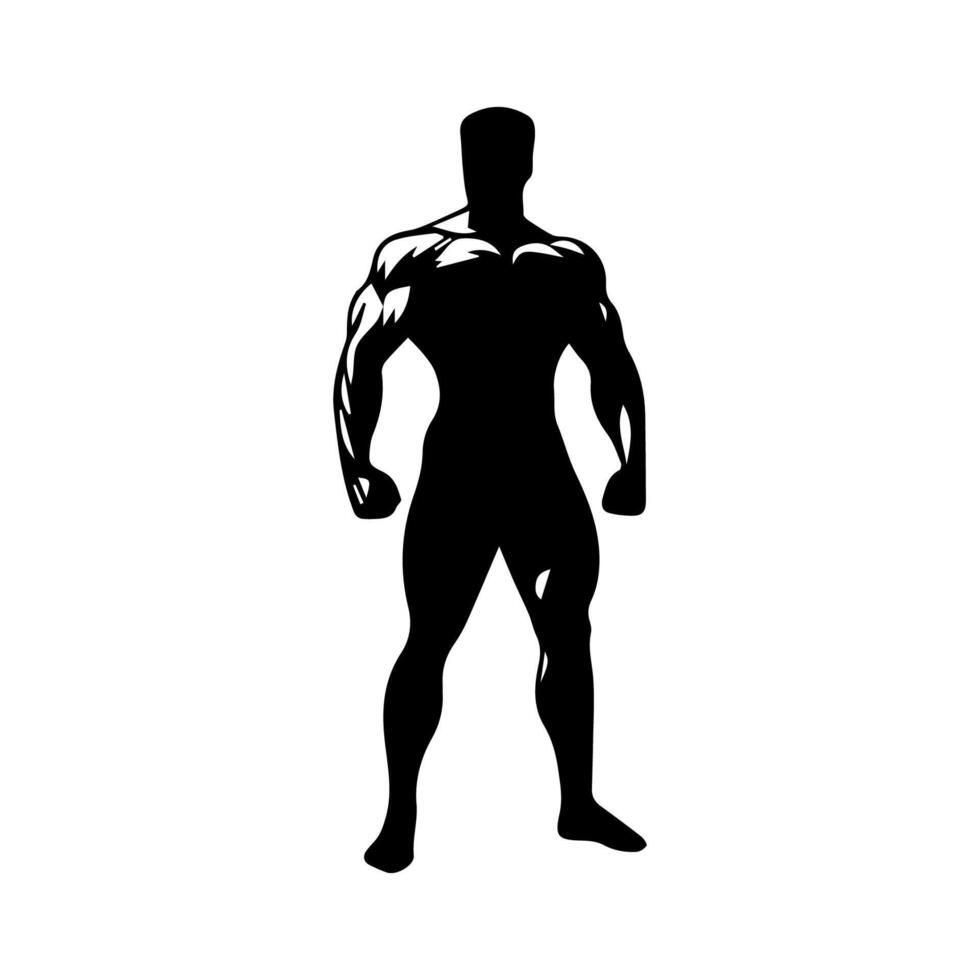 Strong man showing muscles silhouette. Muscular bodybuilder full length body vector