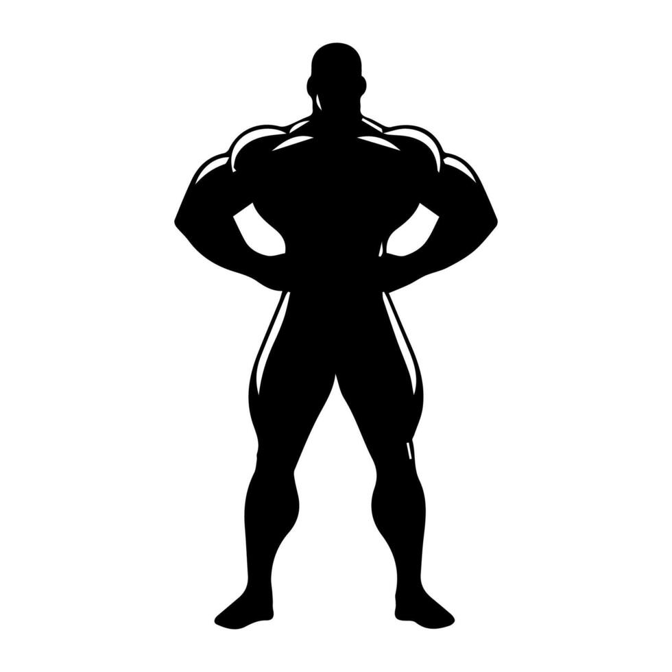 Strong man showing muscles silhouette. Muscular bodybuilder full length body vector