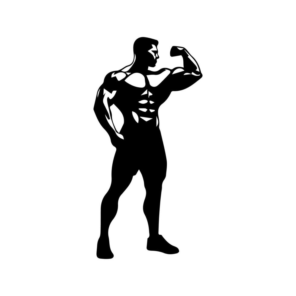 Strong man showing muscles silhouette. Muscular bodybuilder full length body vector