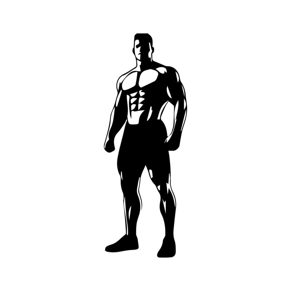 Strong man showing muscles silhouette. Muscular bodybuilder full length body vector