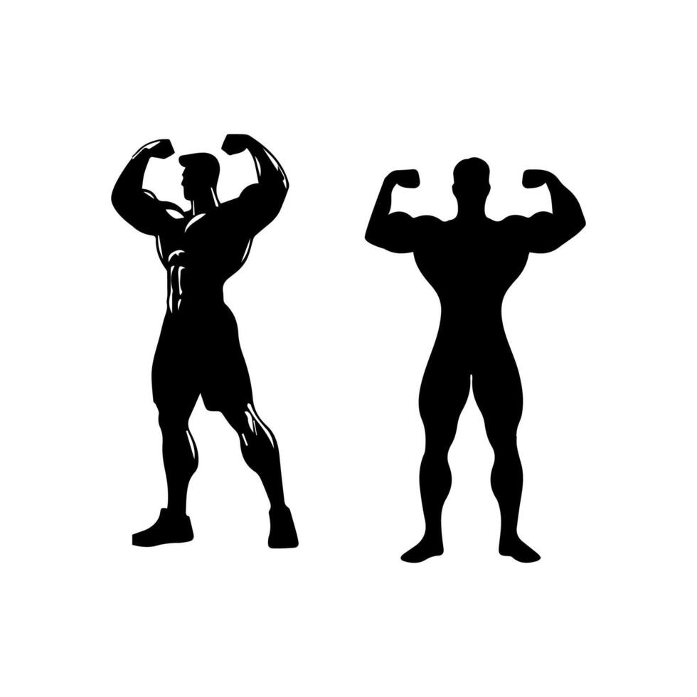 Strong man showing muscles silhouette. Muscular bodybuilder full length body vector