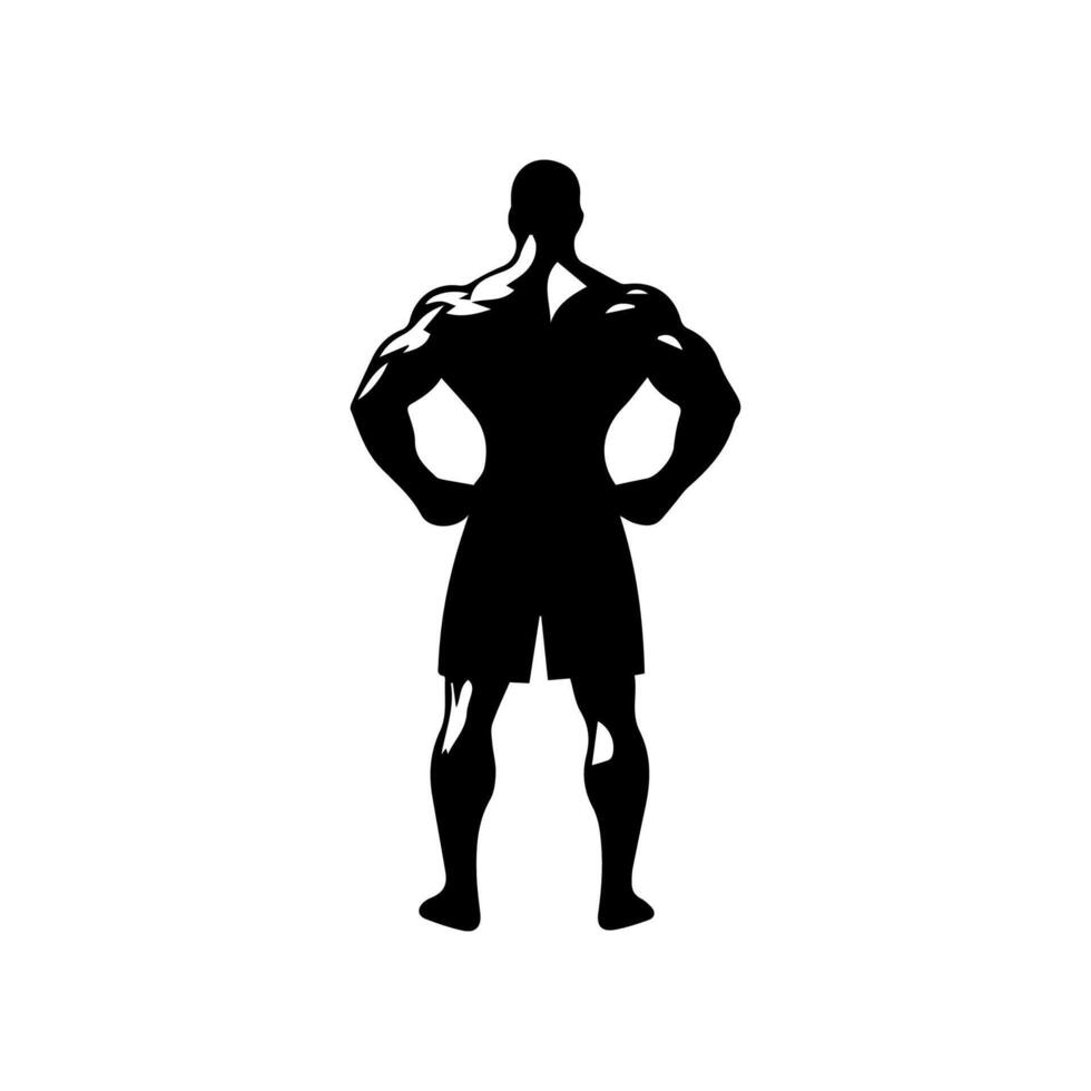 Strong man showing muscles silhouette. Muscular bodybuilder full length body vector