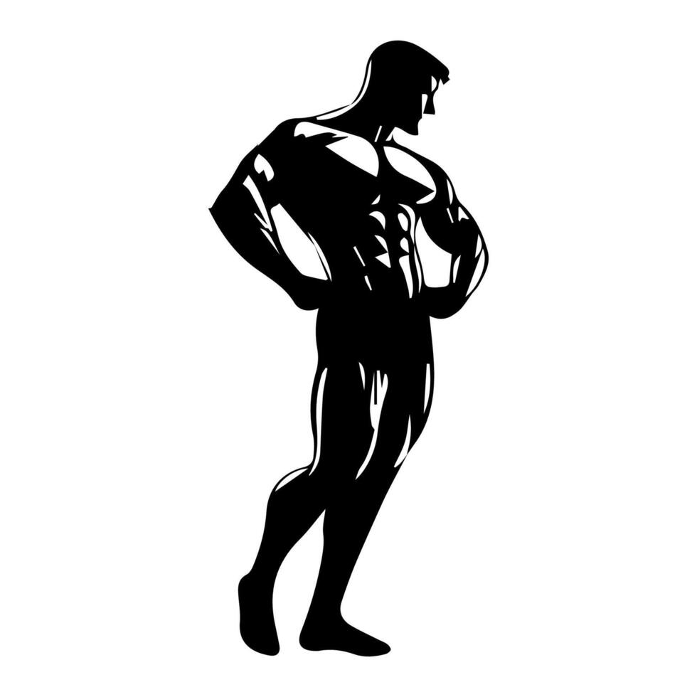 Strong man showing muscles silhouette. Muscular bodybuilder full length body vector