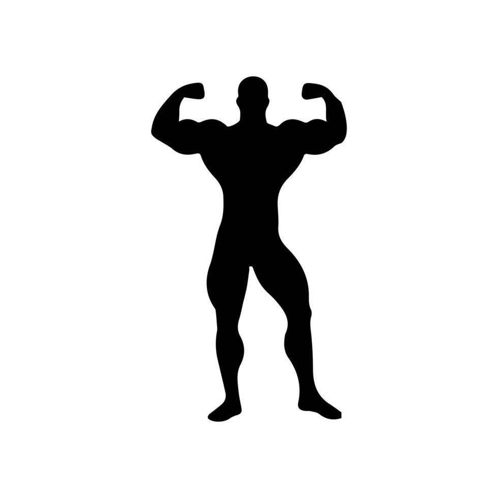 Strong man showing muscles silhouette. Muscular bodybuilder full length body vector