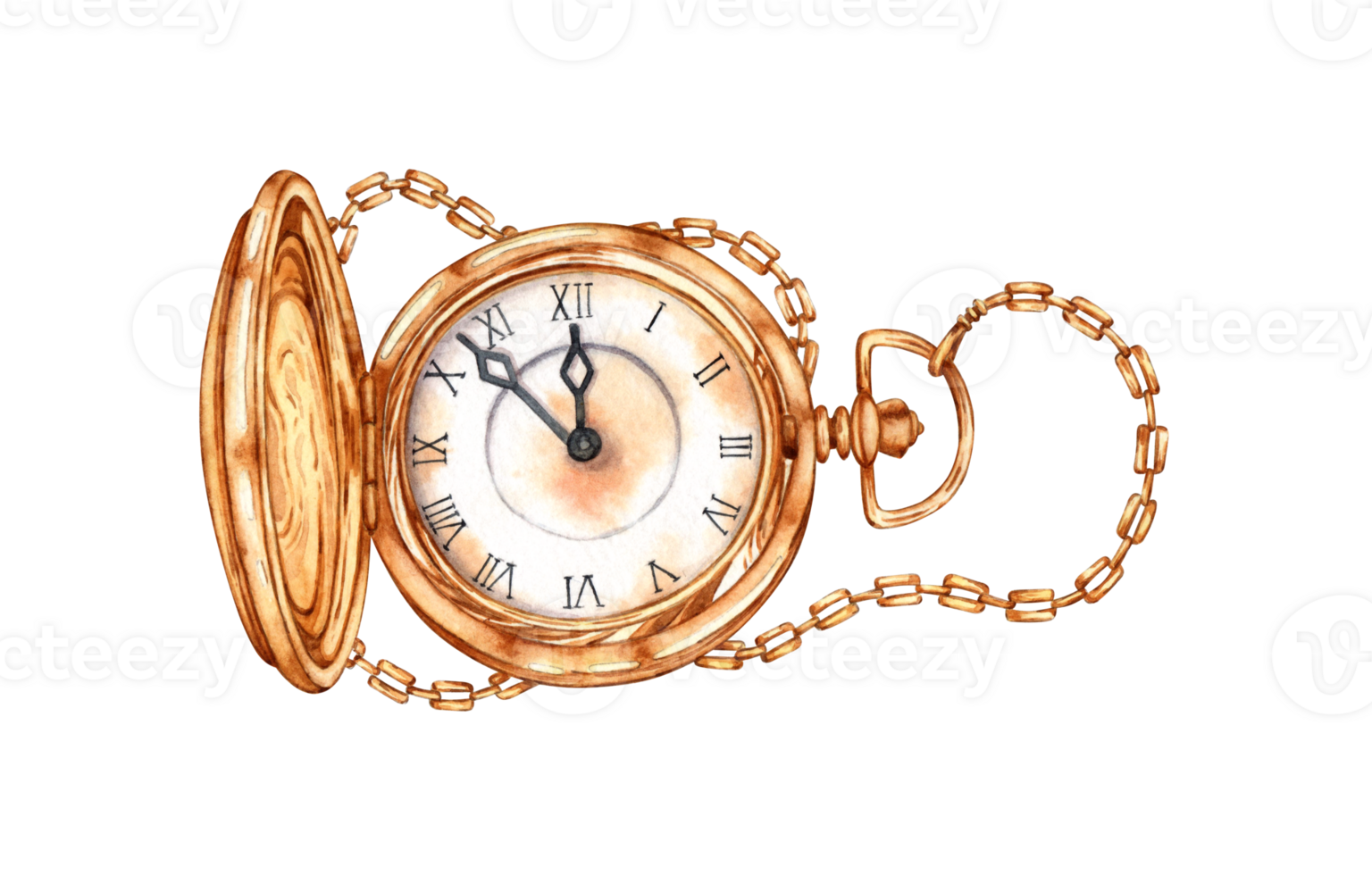Gold pocket watch with open cover and elegant chain watercolor illustration. Vintage style with Roman numerals on the dial. Isolated from background. For invitations, greeting cards, prints, posters png