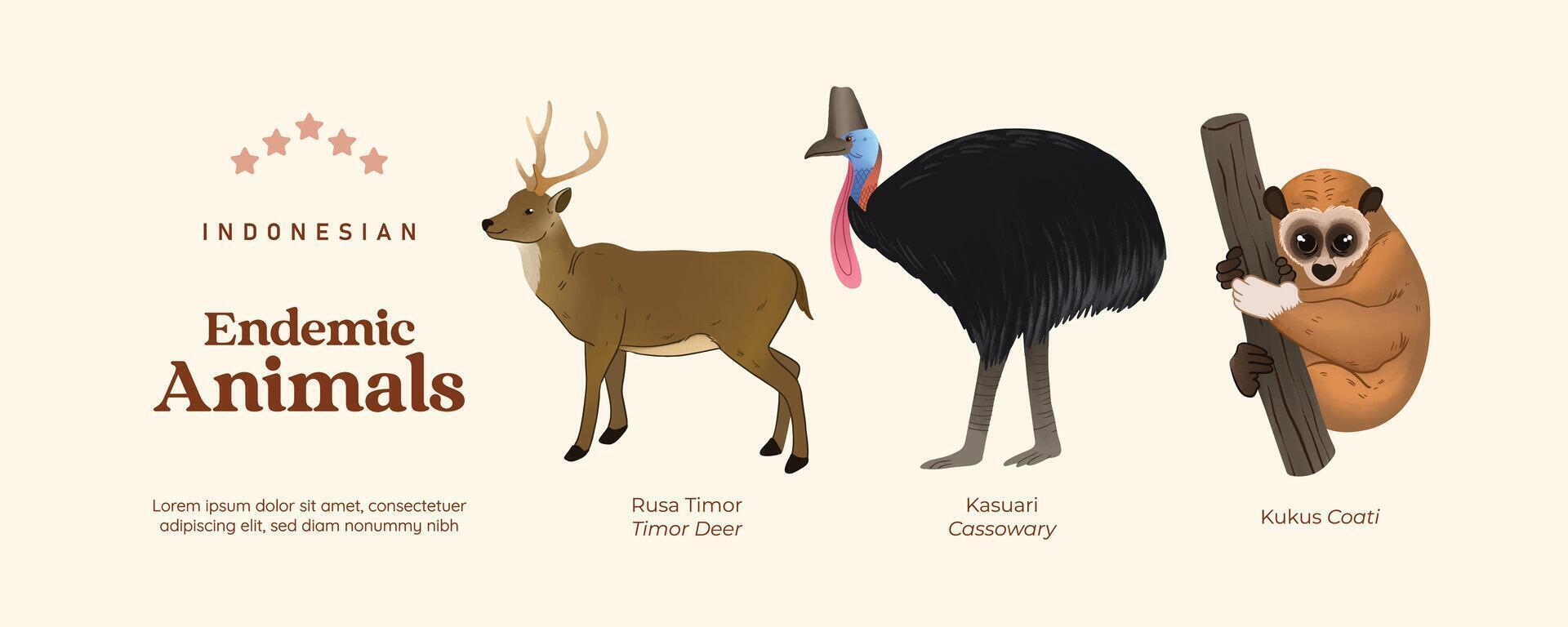 Isolated Indonesian endemic animals illustration cell shaded style vector