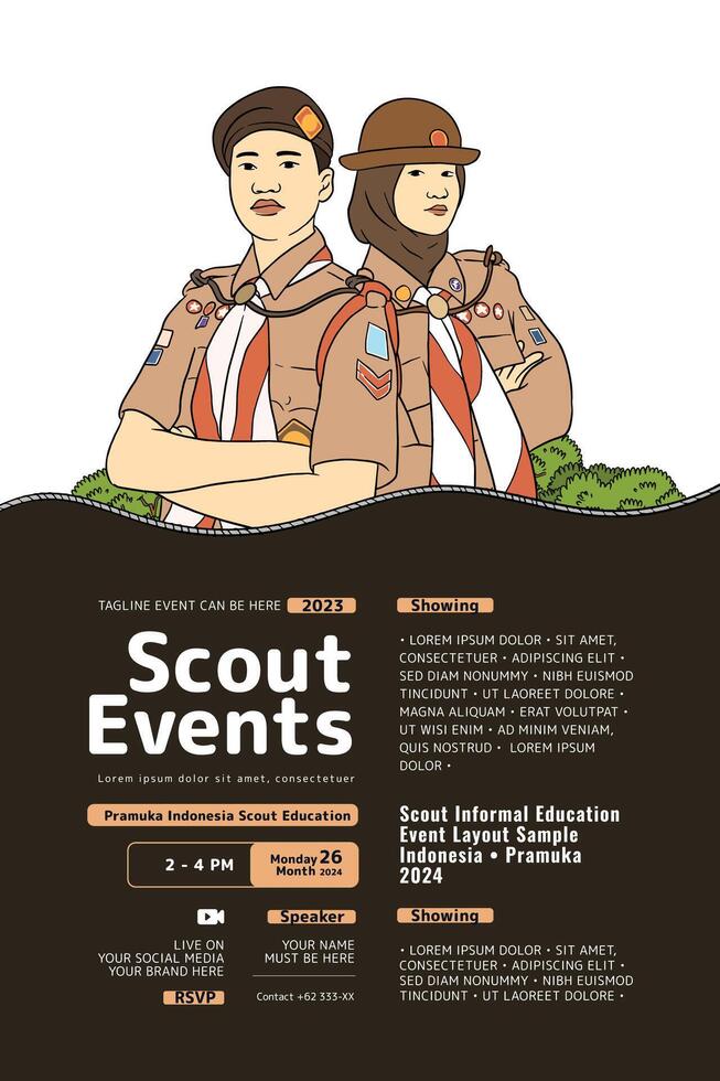 Scout Event poster with indonesian scout uniform illustration vector