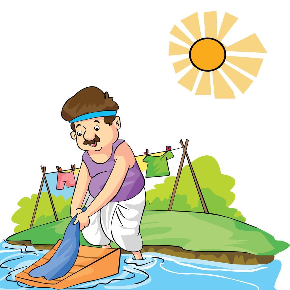 A washerman washing clother near the riverbank with sun be vector