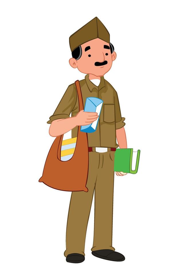 a postman delivering letters with a cloth bag on his shoulders and a book in hand vector