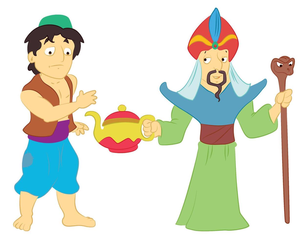 Aladdin with lamp and king illustration vector