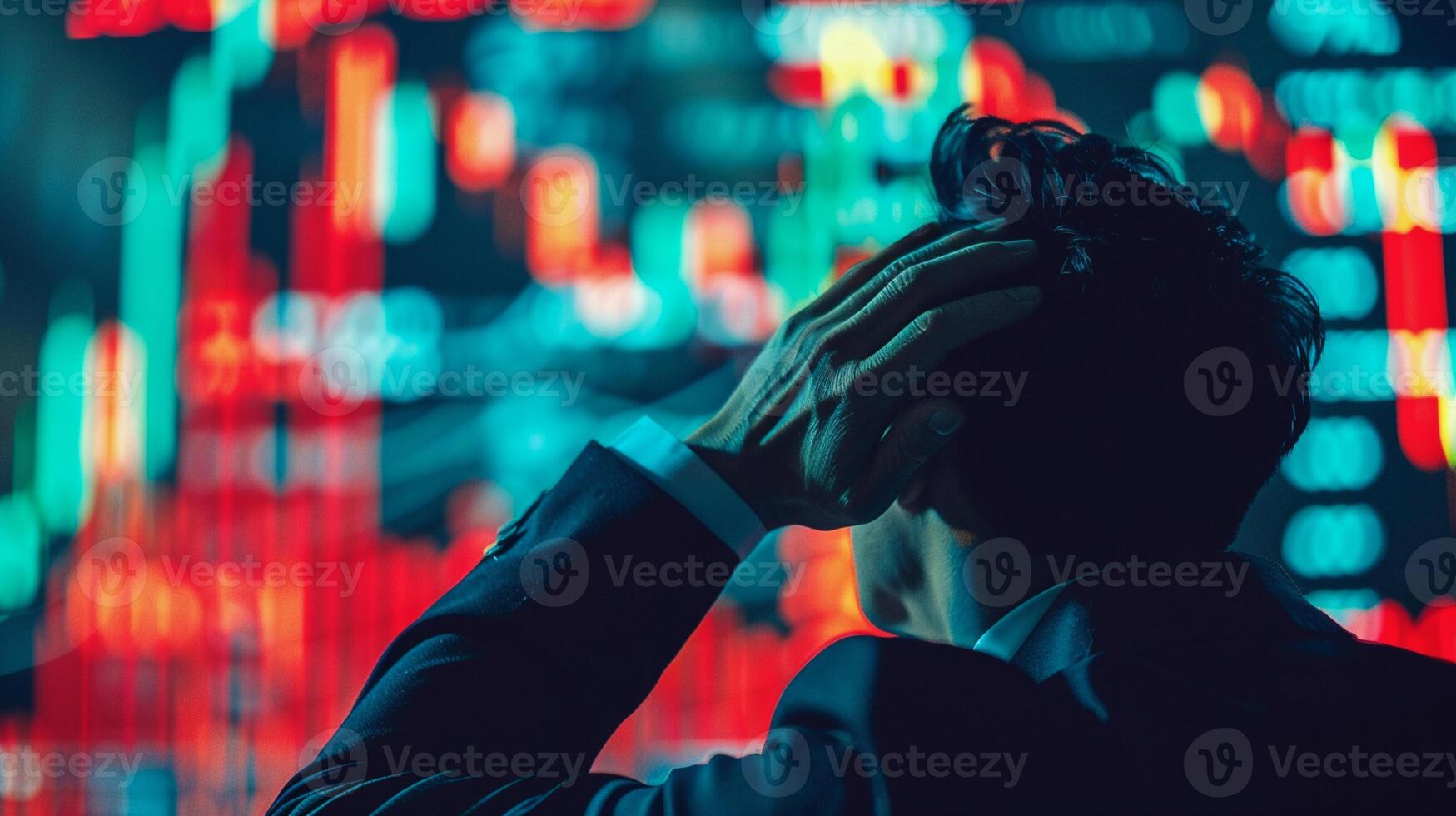 In a moment of financial turmoil, a close-up shot portrays the concern etched on an of investors face as they witness the stock market data plummet, Generated AI photo