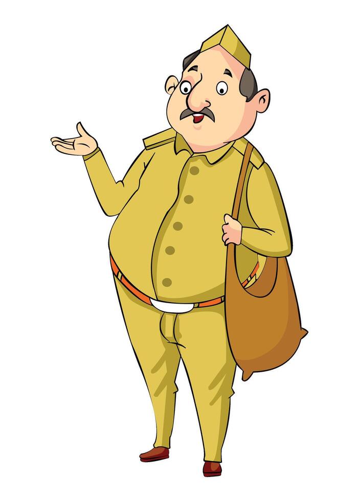 A fat postman wearing uniform and carrying a cloth bad vector