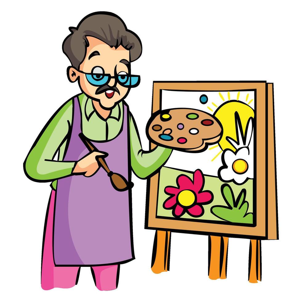 ector a cute painter smiling happily and paintaing a picture on the canvas vector