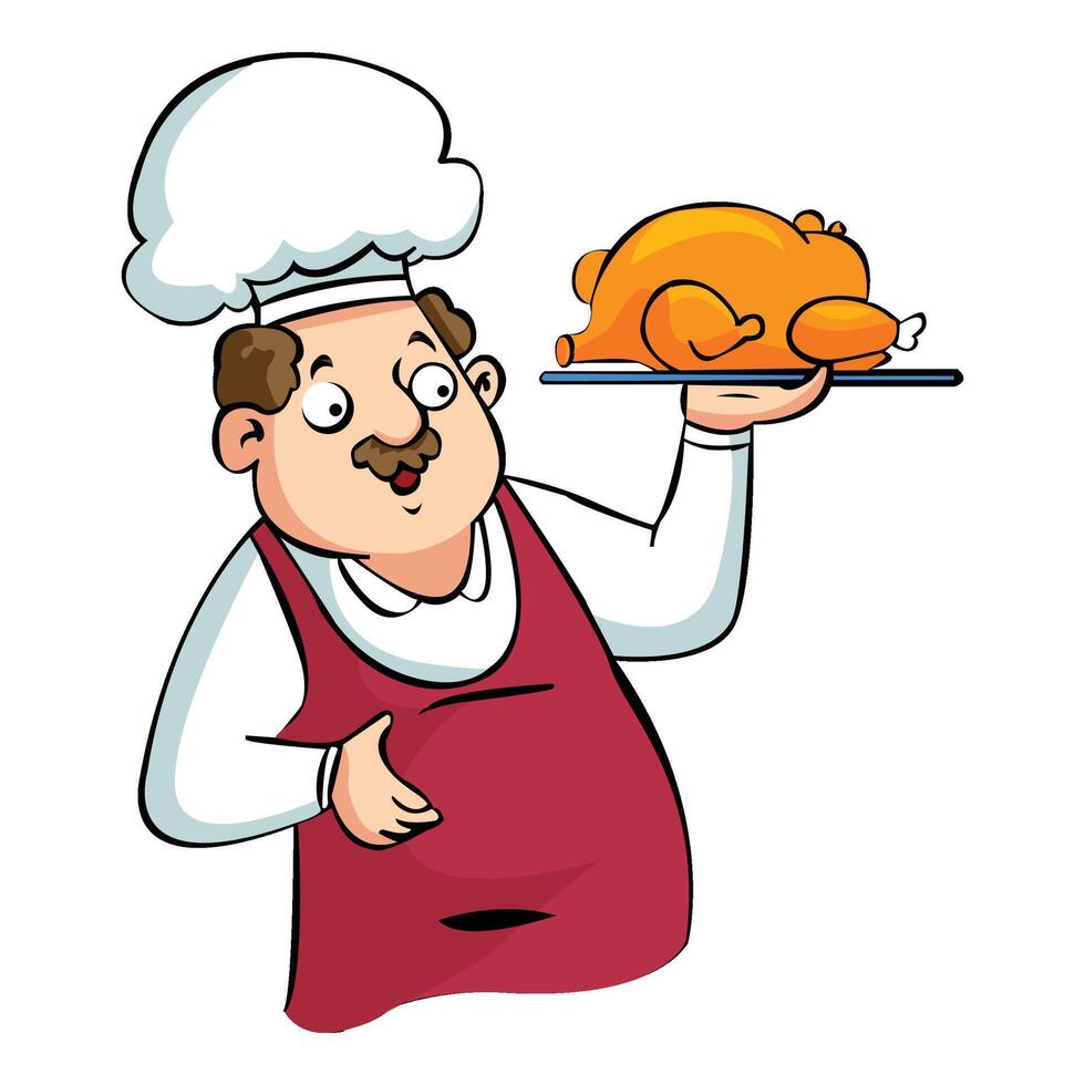 A fat chef wearing chef hat and carrying meat in a plate vector