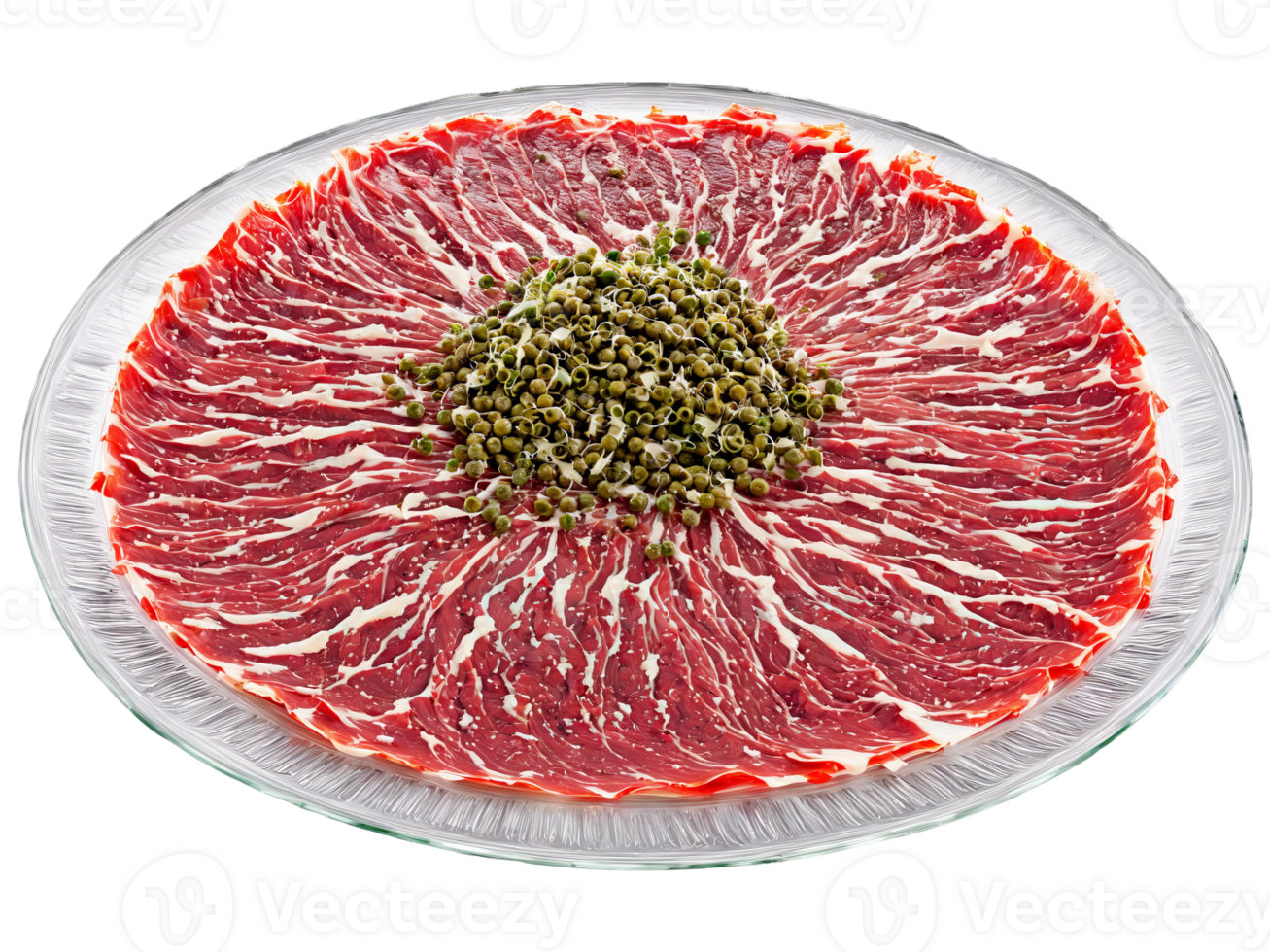 Carpaccio thin slices of beef with capers and Parmesan served on a transparent glass plate png