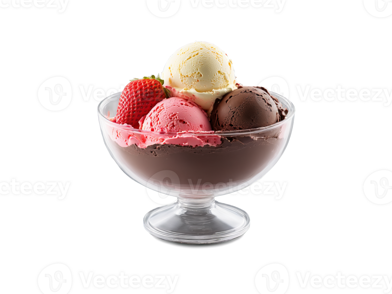 Ice cream Neapolitan scoops with chocolate vanilla and strawberry in a transparent glass bowl colorful png