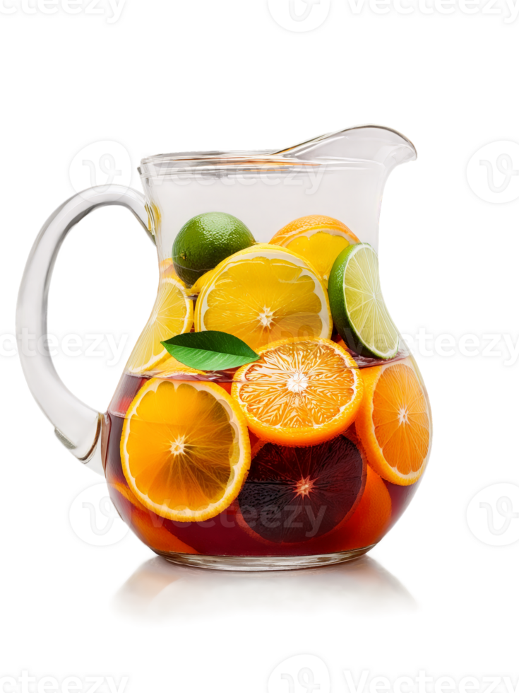 Sangria with slices of oranges lemons and limes in clear glass pitcher png