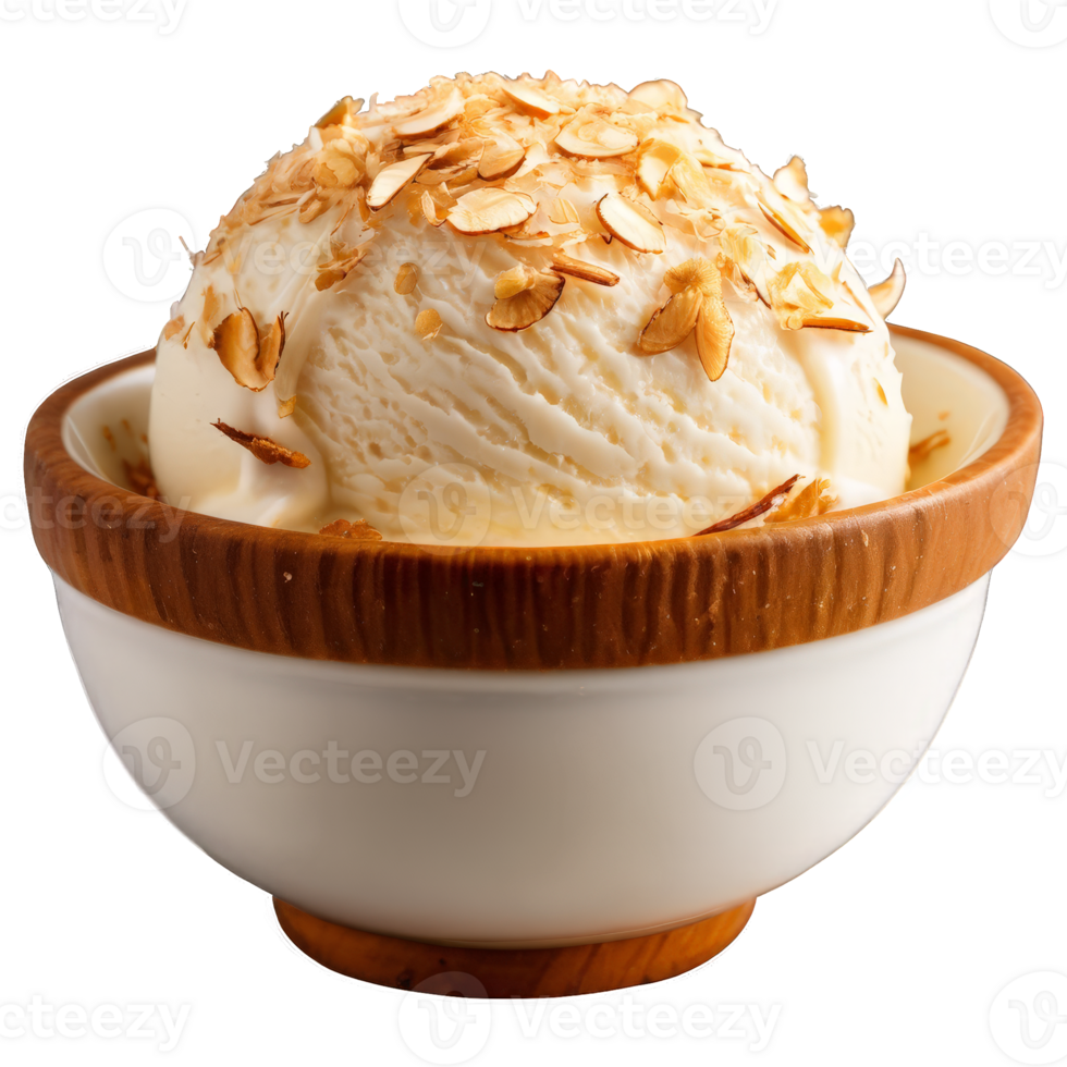 Toasted coconut ice cream topped with golden toasted coconut flakes isolated on transparent Summer freshness png