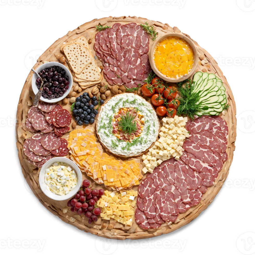 Breakfast charcuterie mandala a circular pattern of curated breakfast charcuterie with meats and cheeses png