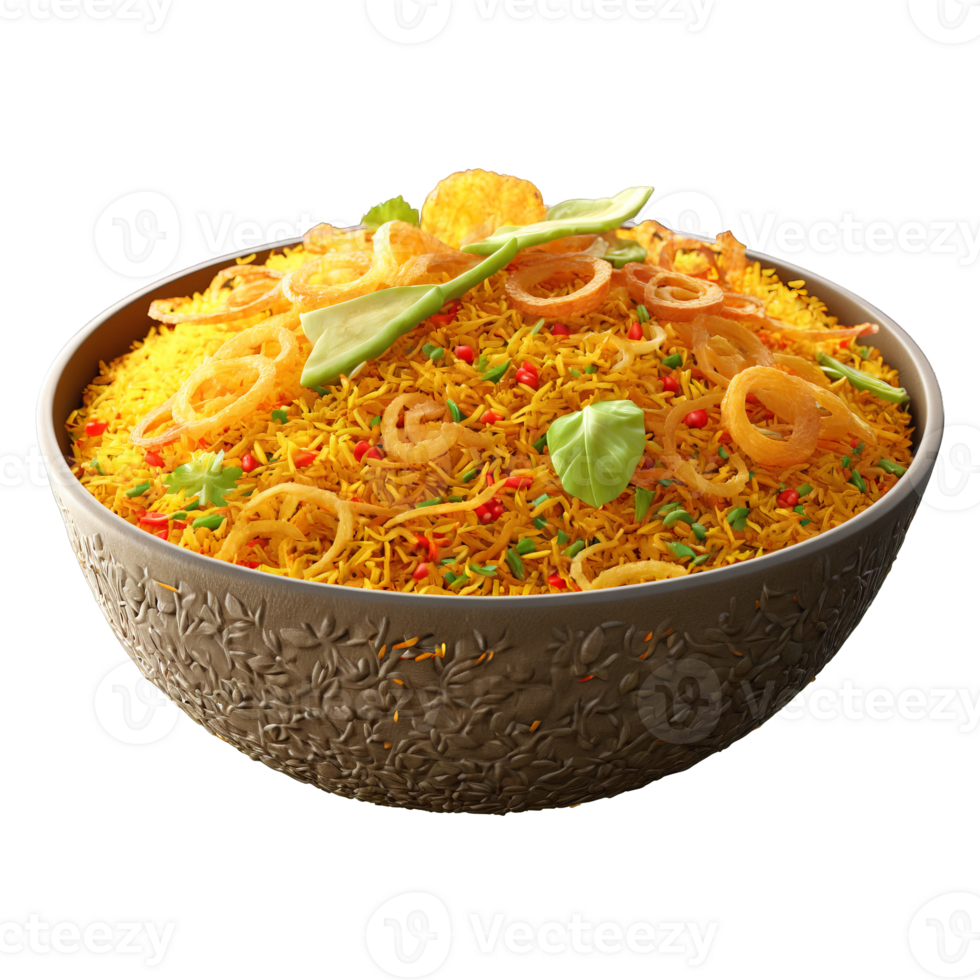 Vegetable biryani fluffy golden rice with vegetable confetti fried onion strings isolated on transparent Food png