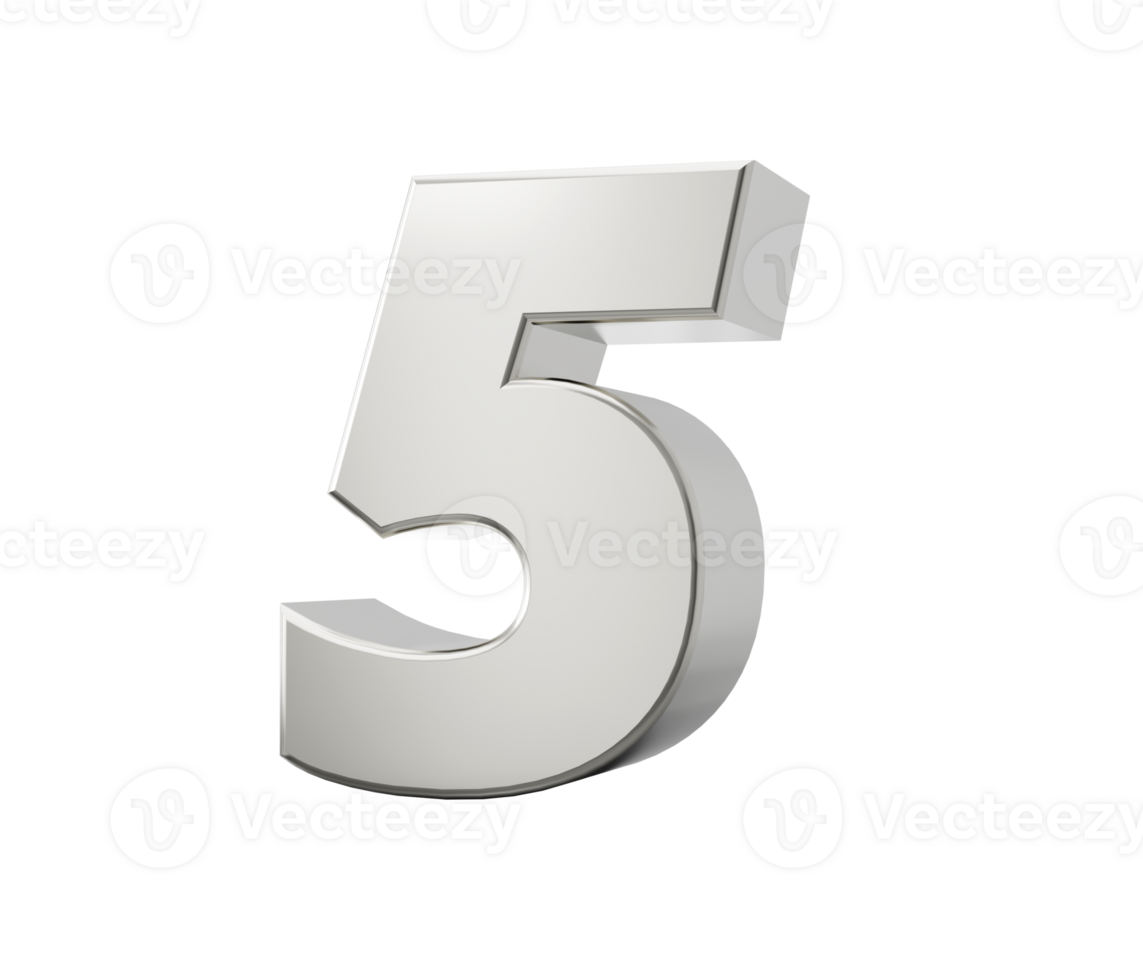 Silver 3d 5 Five numbers. 3d illustration png