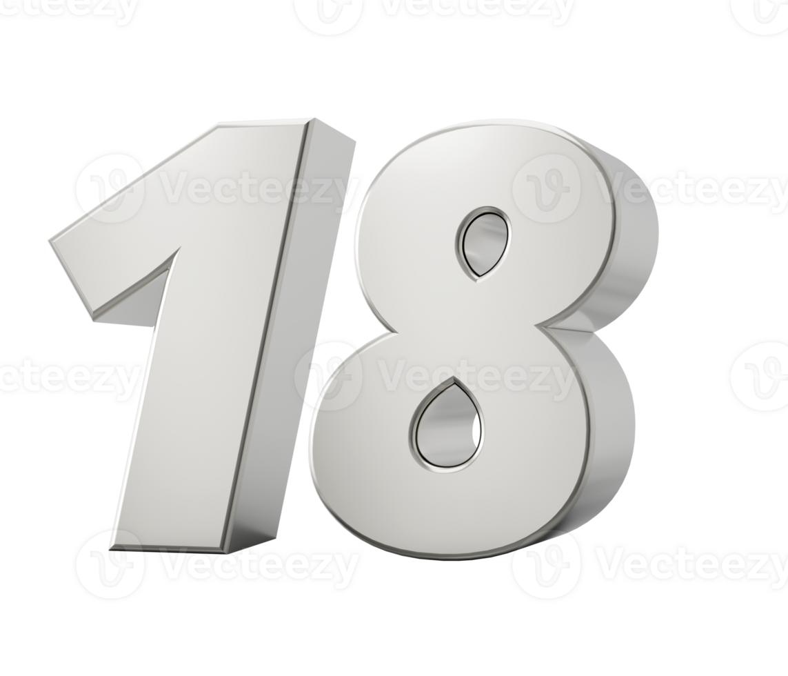 Silver 3d numbers 18 eighteen. 3d illustration png