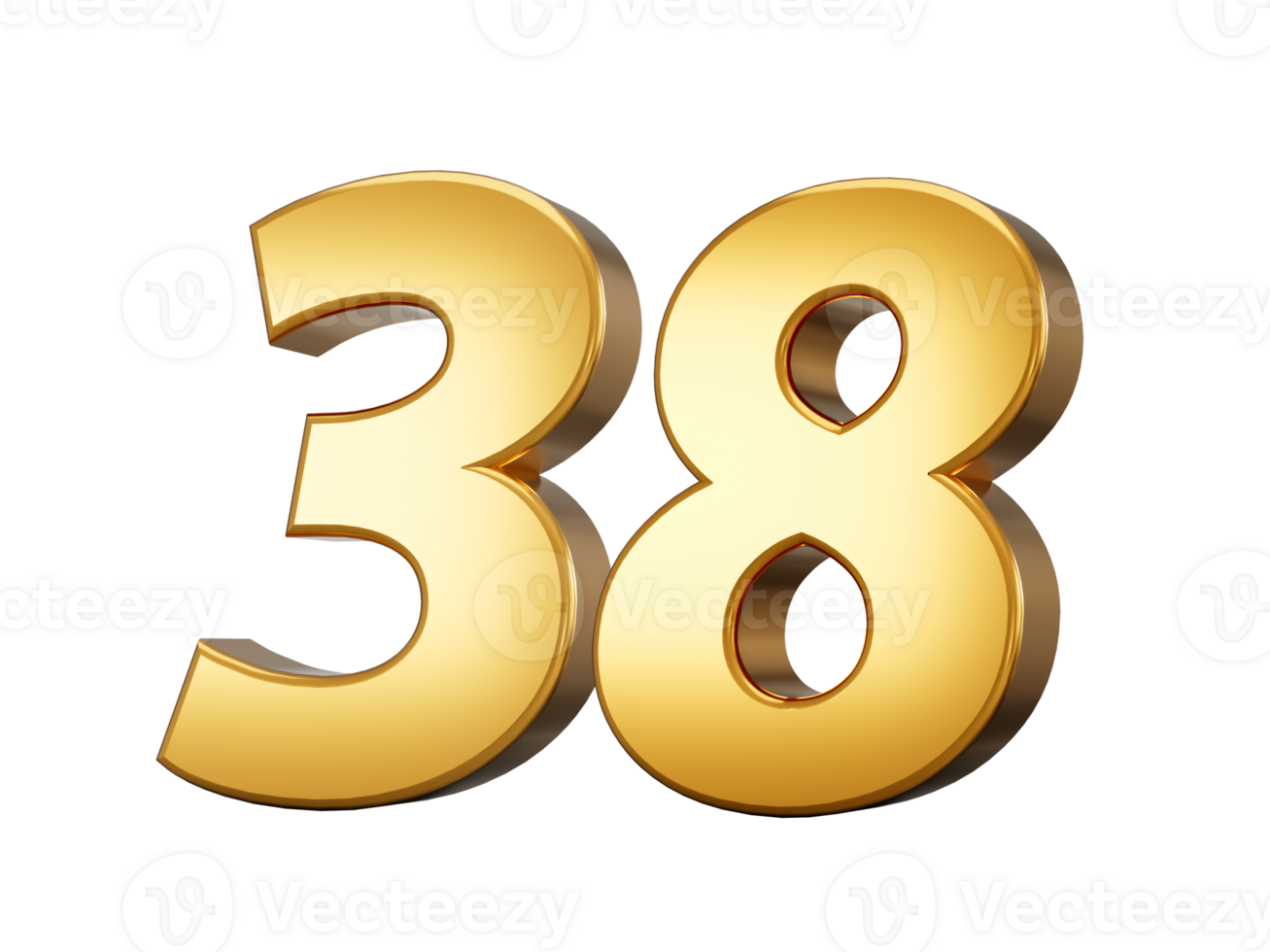 Golden metallic Number 38 thirty eight, 3d illustration png