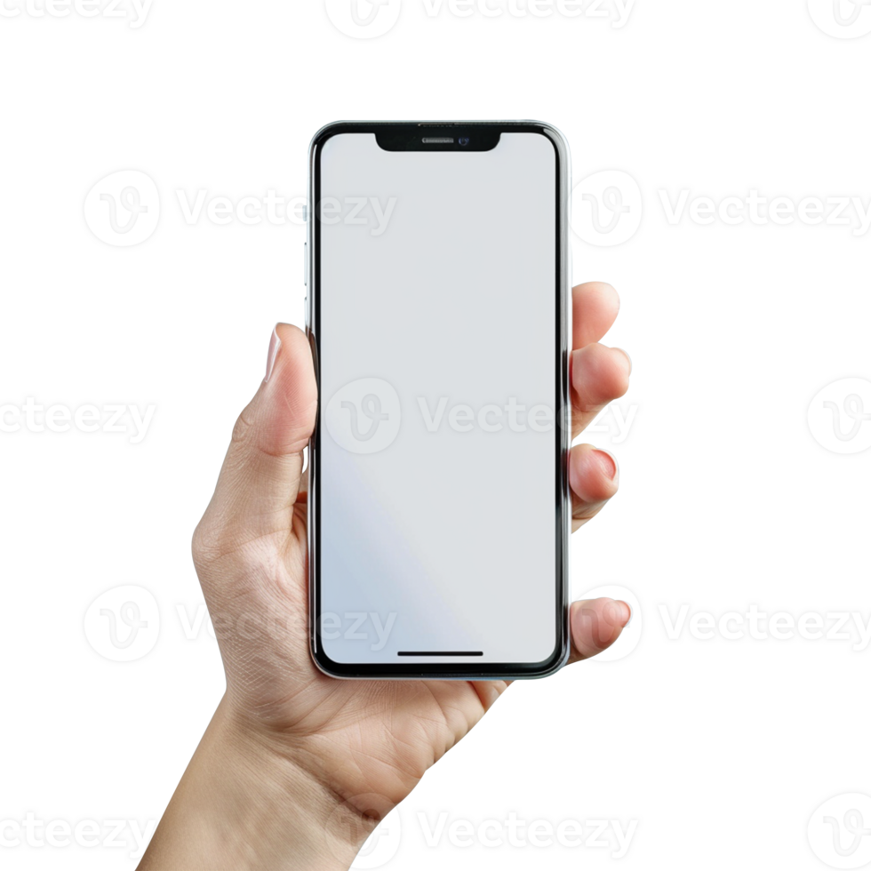 Hand holding smart phone isolated on transparent background png