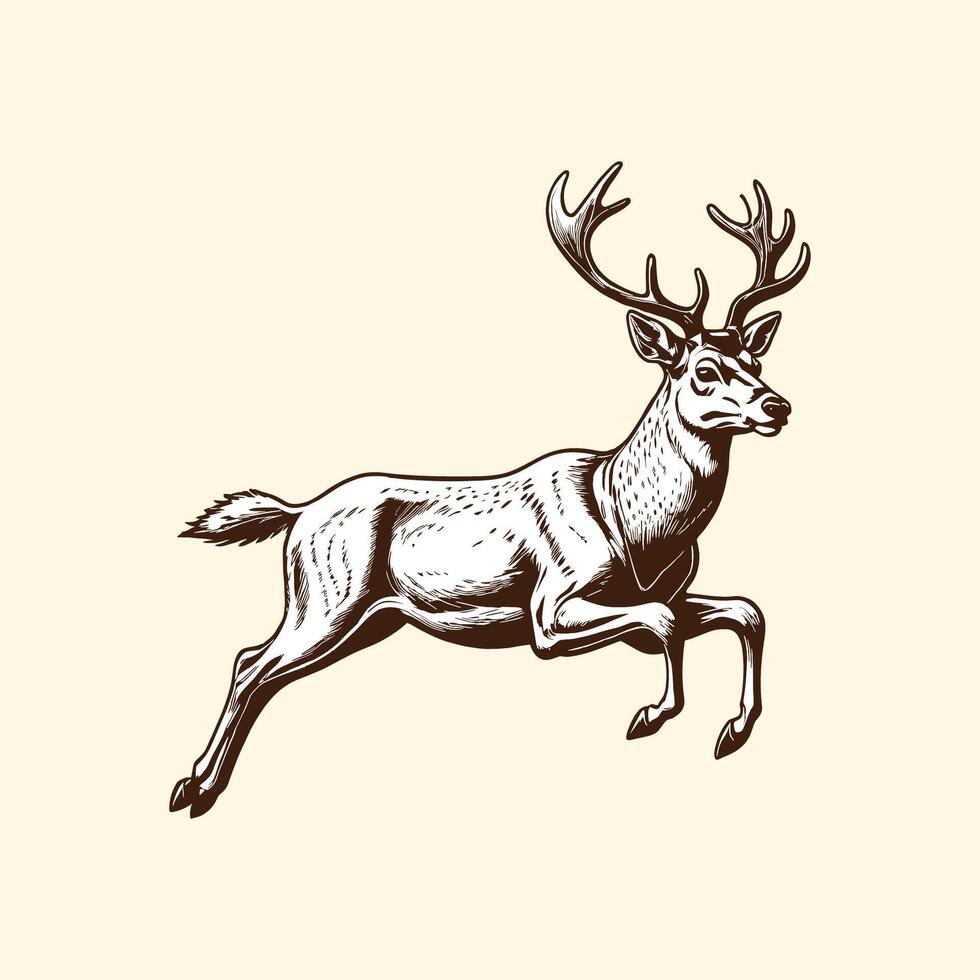 Reindeer Running Illustration Hand Drawn Engraved Style Deer vector