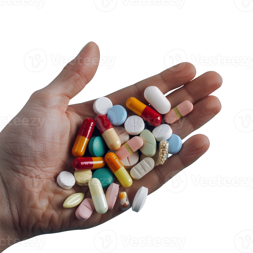 A hand holding a lots of pills isolated png