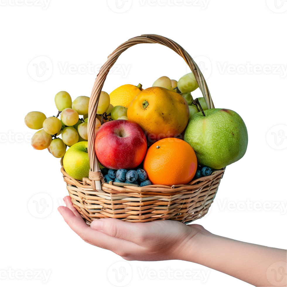 A hand basket of fruits holding isolated on transparent background, Ai png
