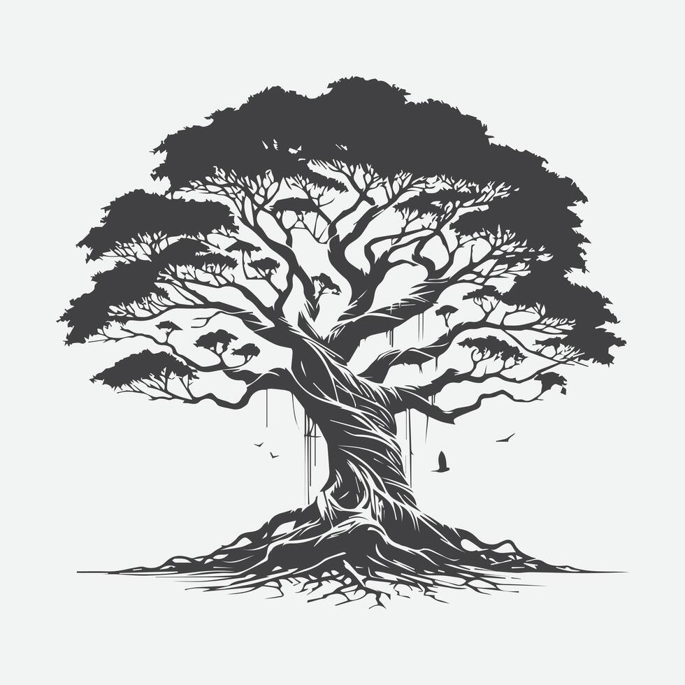 Print Majestic Banyan Tree Silhouette, Nature's Timeless Artwork vector