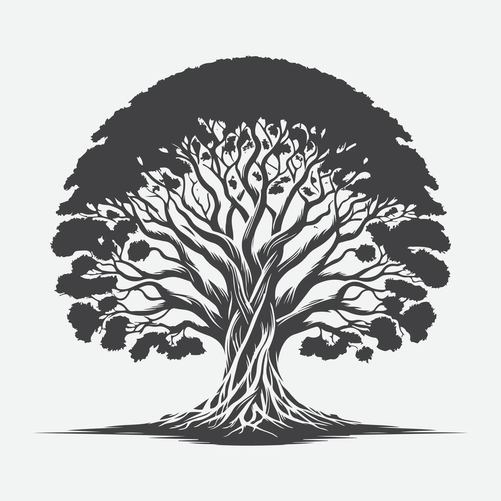 Print Majestic Banyan Tree Silhouette, Nature's Timeless Artwork vector