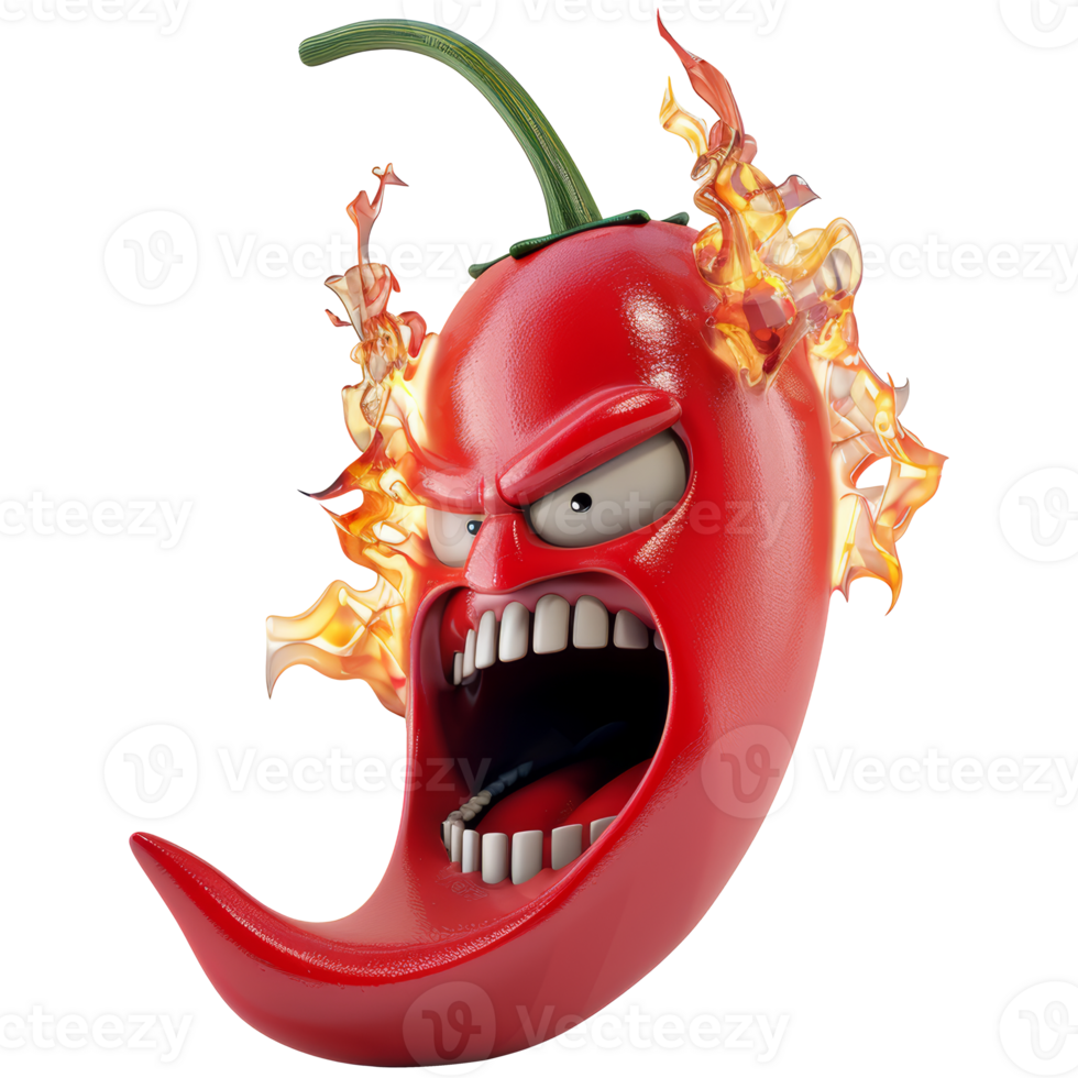Red chili pepper with fiery angry facial expression, transparent background png