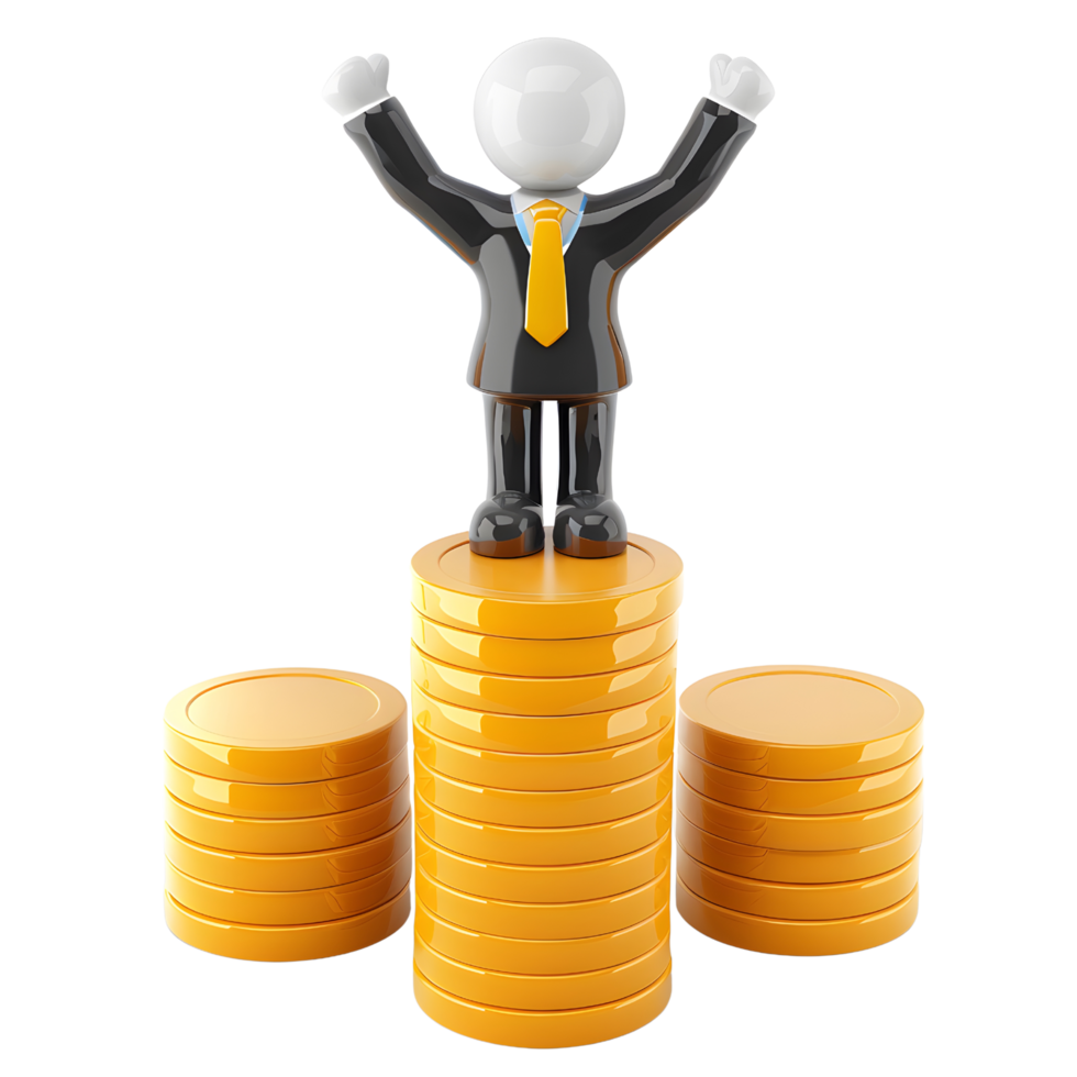 A man is standing on top of a pile of gold coins png