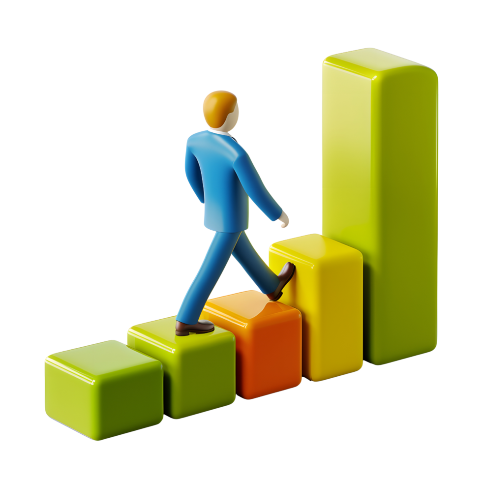A man in a suit is walking up a green and orange staircase. Concept of progress and achievement, as the man is climbing the steps towards a goal png