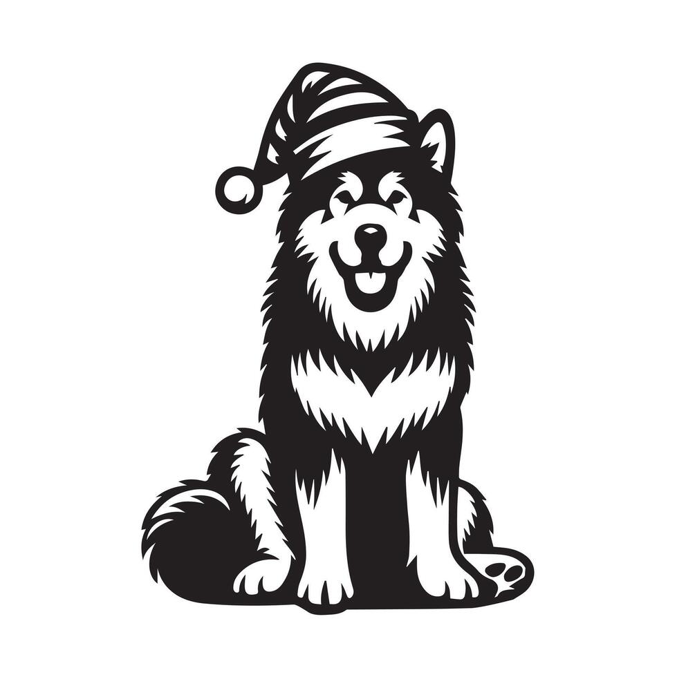 Confident Christmas hat Alaskan Malamute Illustration in black and white vector