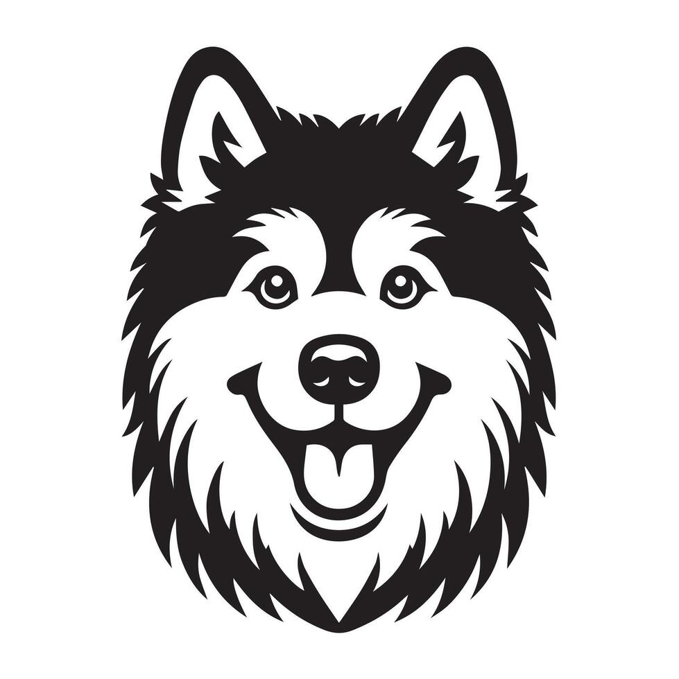 Happy Alaskan Malamute Dog Face Illustration in black and white vector