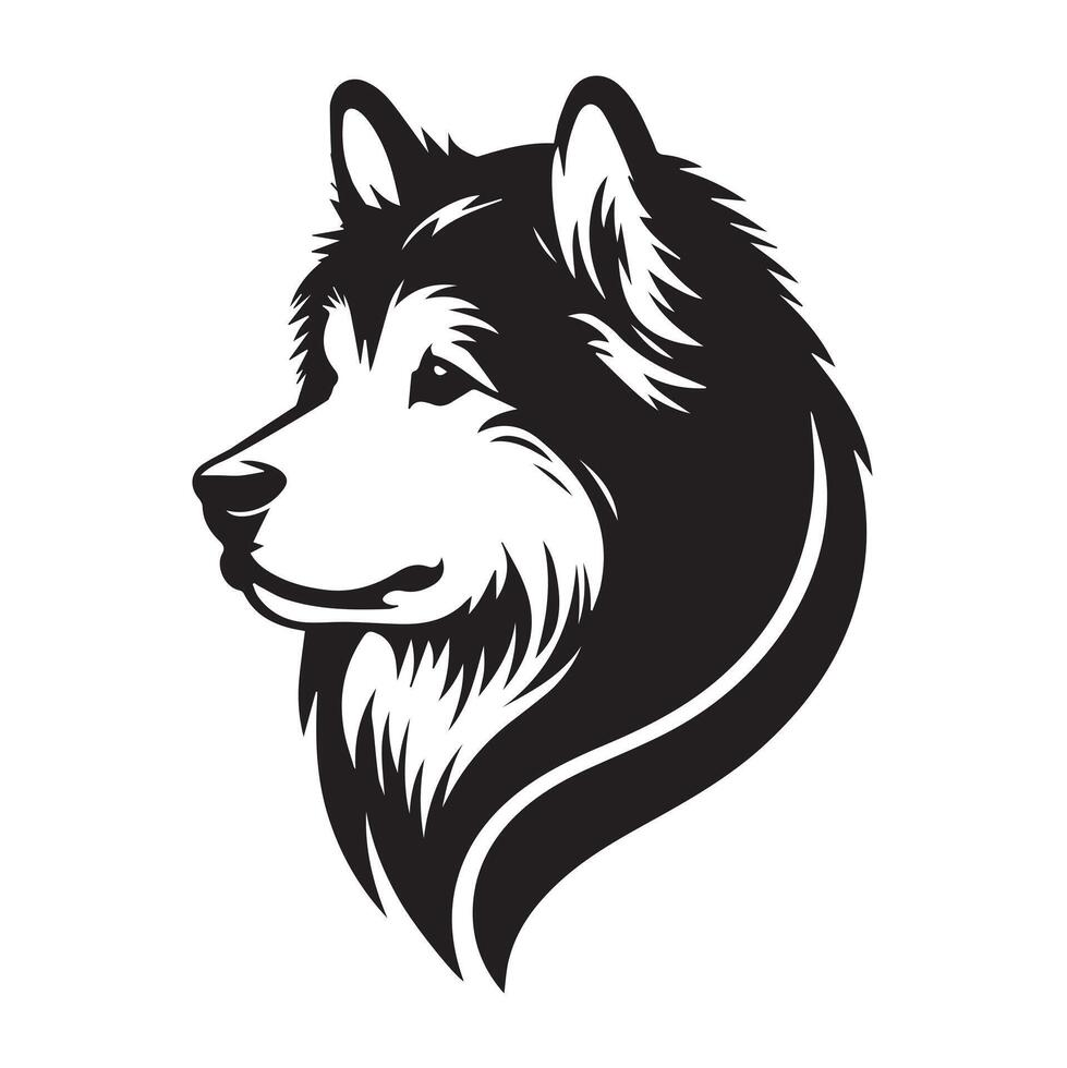 Thoughtful Alaskan Malamute Dog Face Illustration in black and white vector