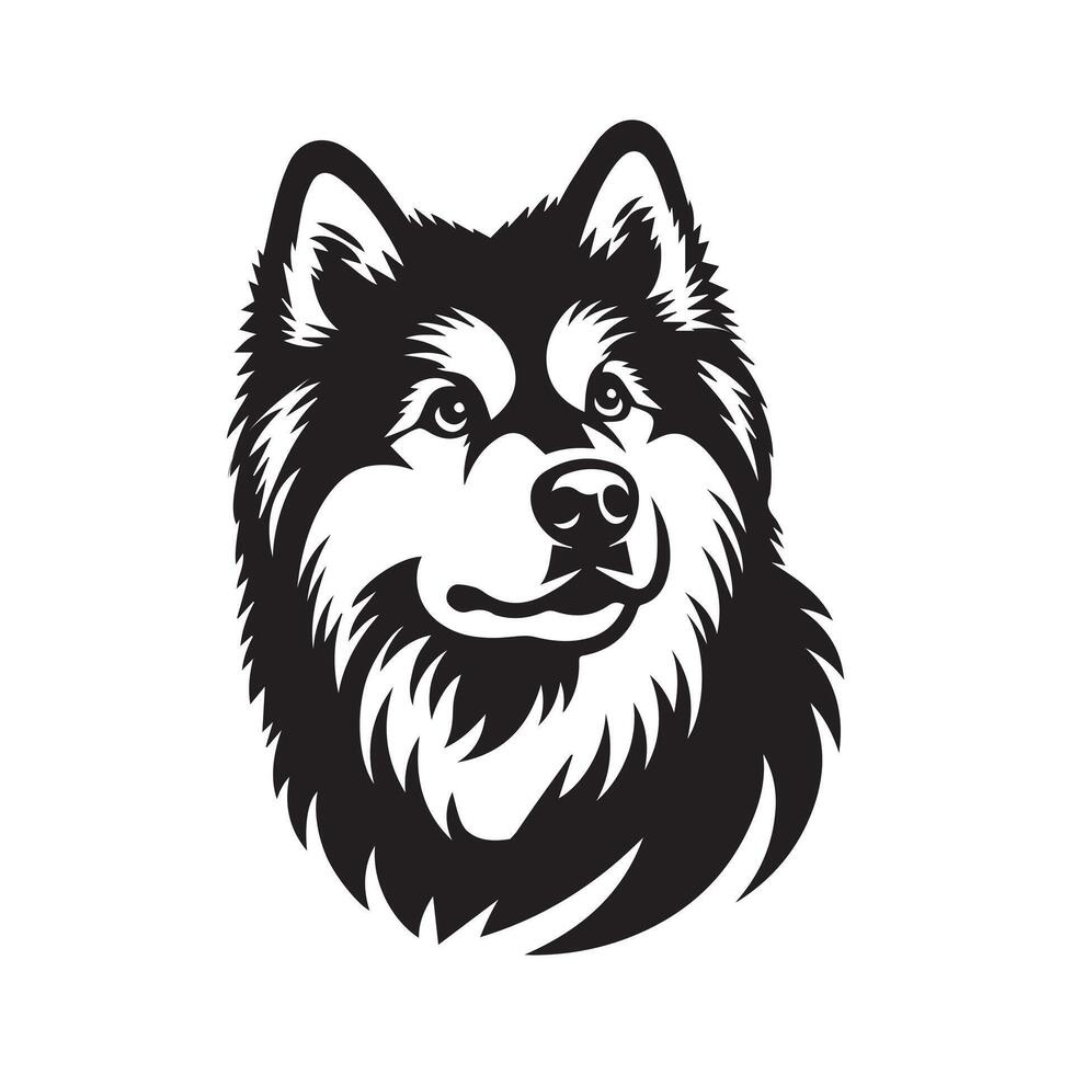 Curious Alaskan Malamute Dog Face Illustration in black and white vector