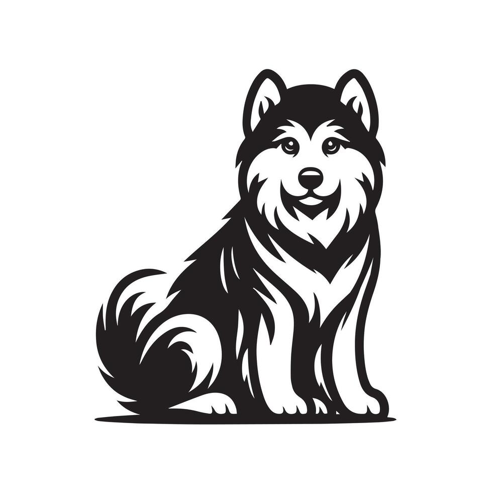 Alaskan Malamute with big eyes sitting on the floor Illustration in black and white vector