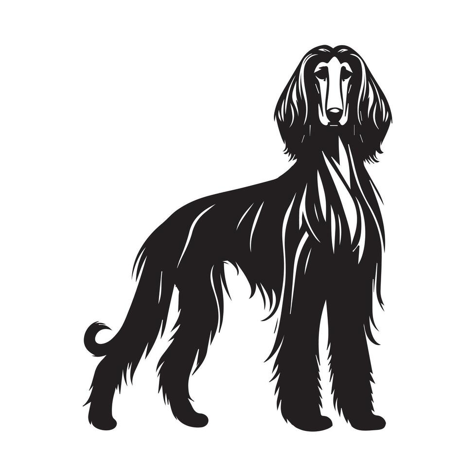 Confident Afghan Hound Dog Face Illustration in black and white vector