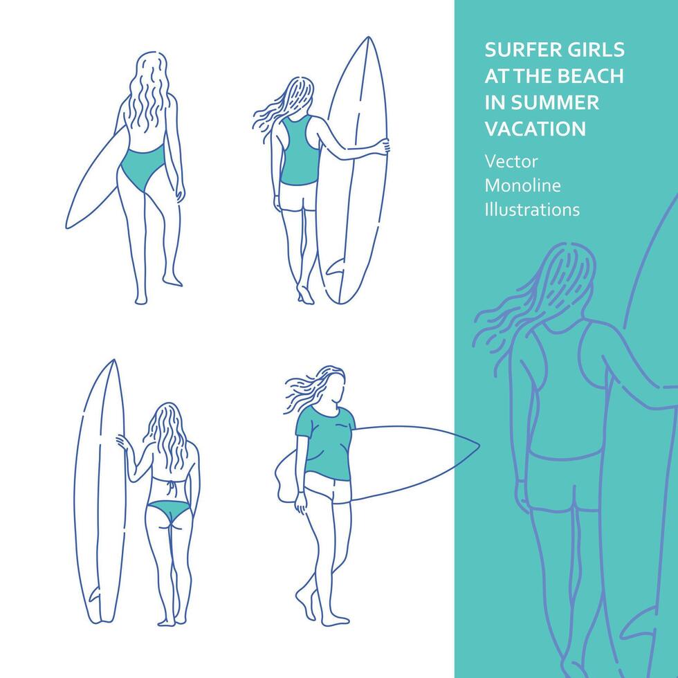 Surfer Girls at the Beach in Summer Vacation Monoline Illustrations vector