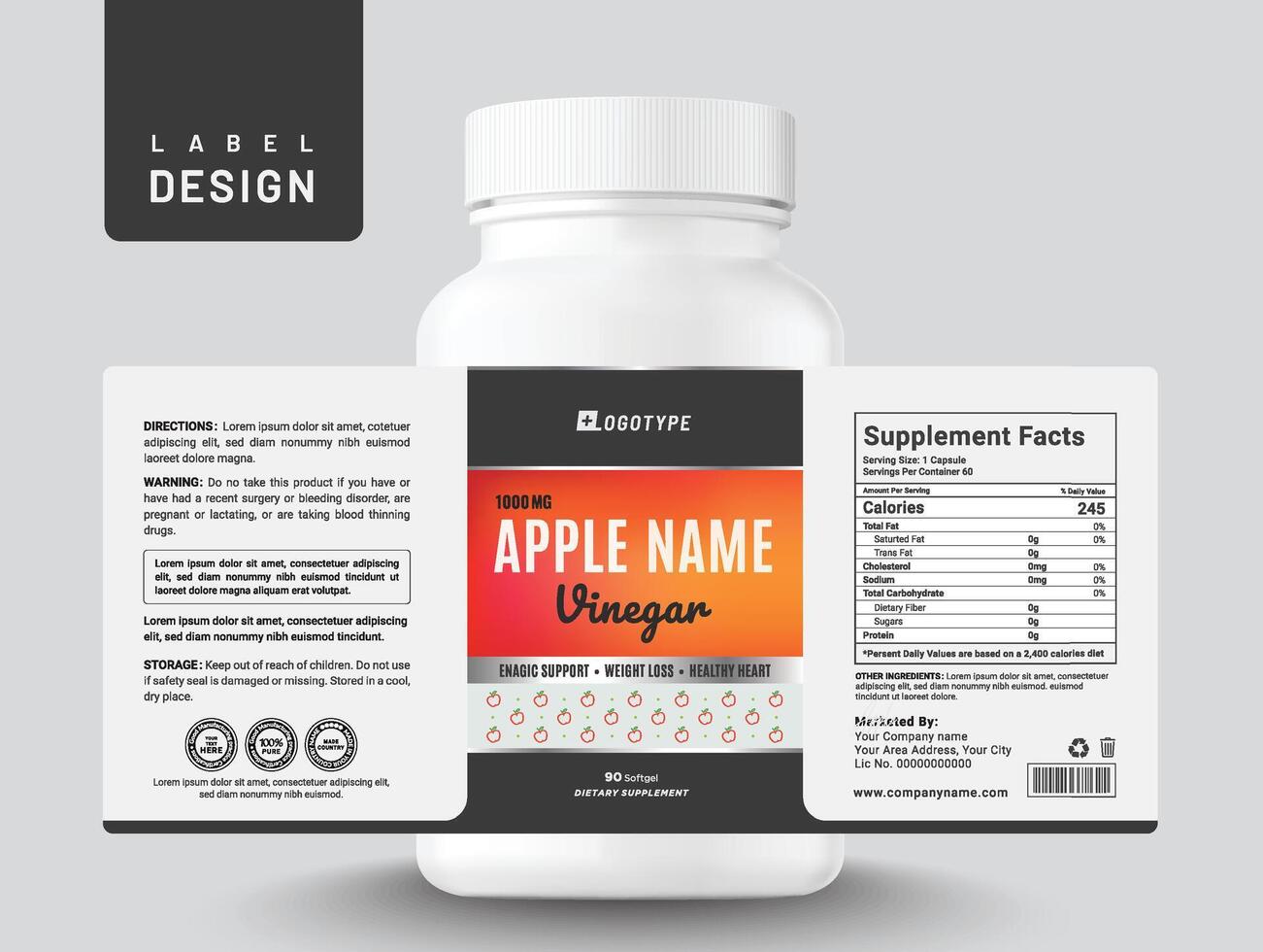 Food supplement multi vitamin label apple sticker design vinegar dietary capsule modern bottle jar box packaging. vector
