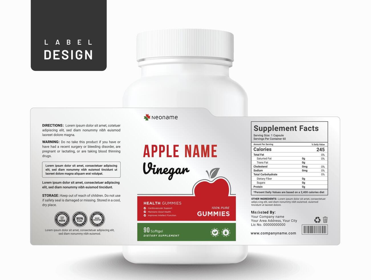 Food supplement multi vitamin label apple sticker design vinegar dietary capsule modern bottle jar box packaging. vector