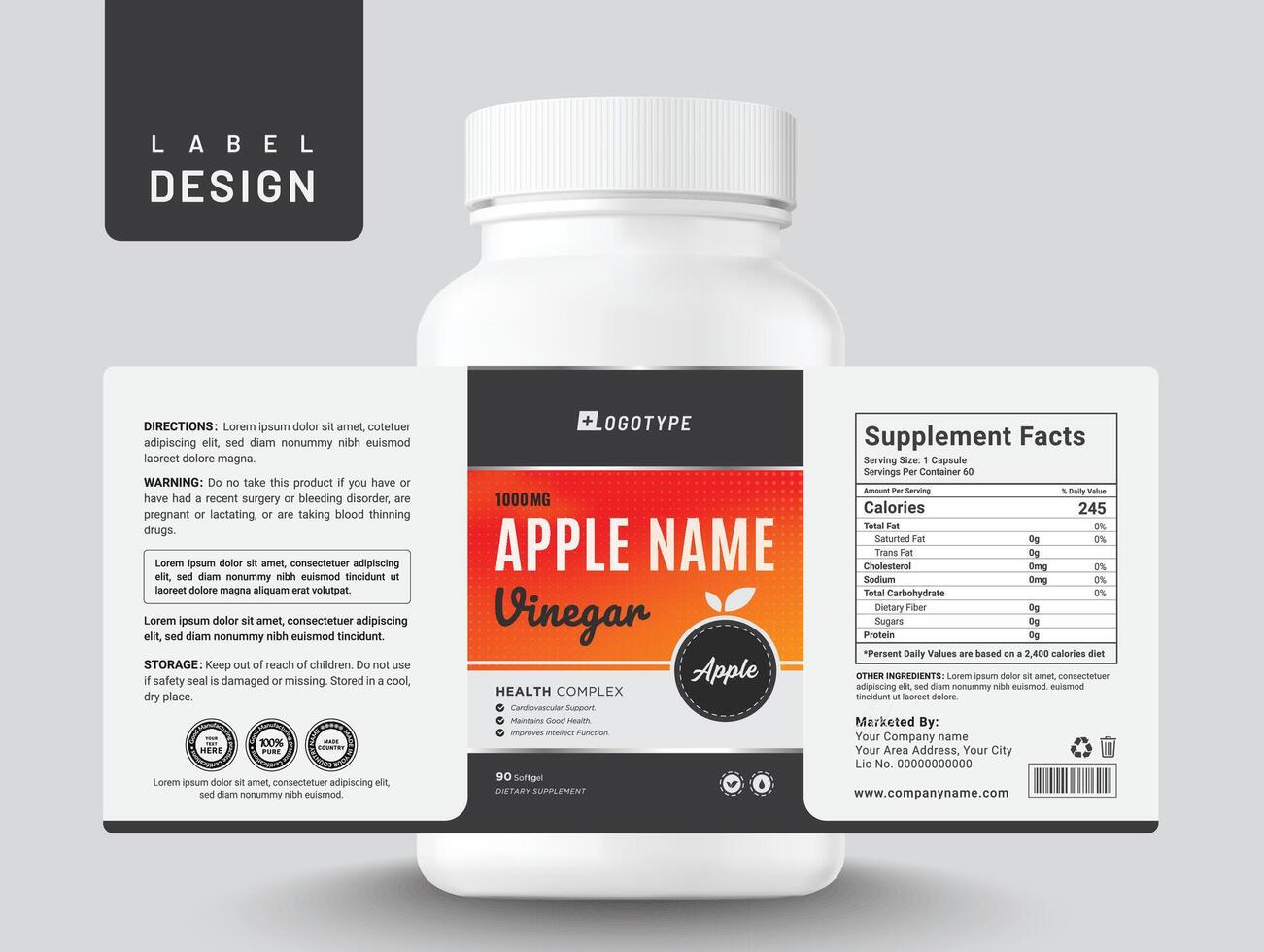 Food supplement multi vitamin label apple sticker design vinegar dietary capsule modern bottle jar box packaging. vector