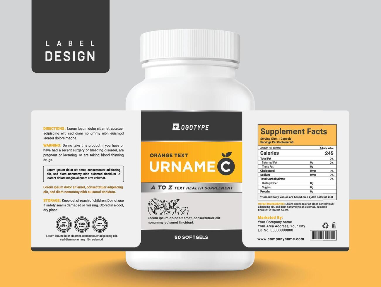 Orange food supplement multi vitamin label sticker design and dietary medicine bottle jar box packaging. vector