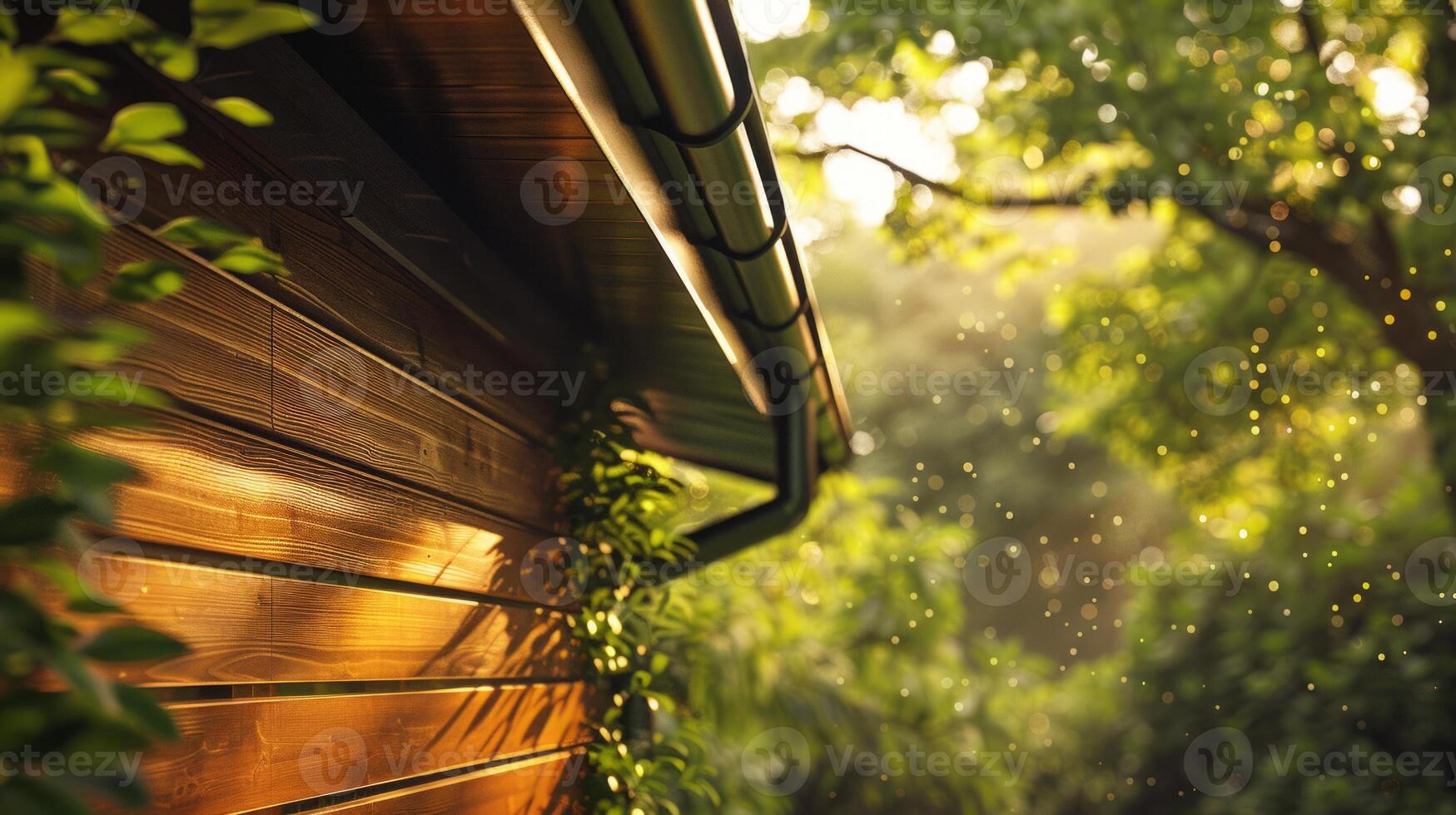 The Sleek Metallic Gutter of a Wooden Cabin, Enhanced by the Backdrop of Dense Greenery photo
